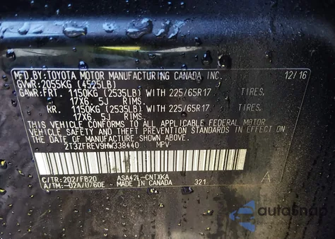 2017 Toyota Rav4 Le из США, поврежденный, VIN 2T3ZFREV9HW338440